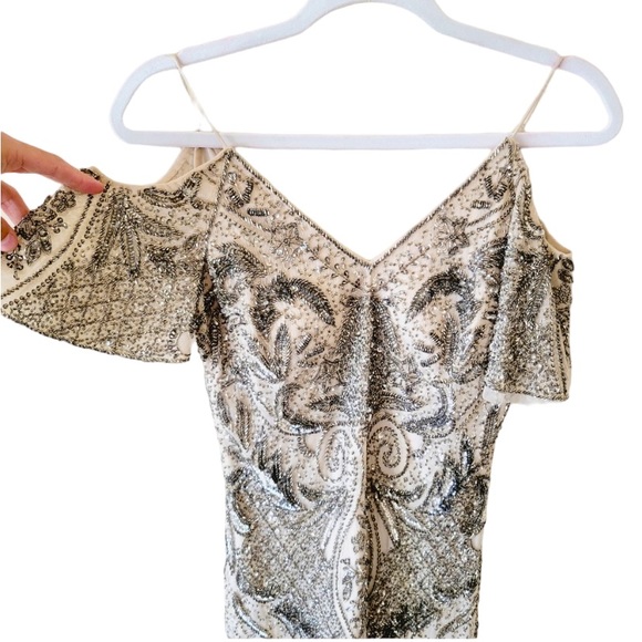 Aidan Mattox Champagne Sequined Beaded Cold Shoulder Formal Party Mini Dress - Picture 7 of 9